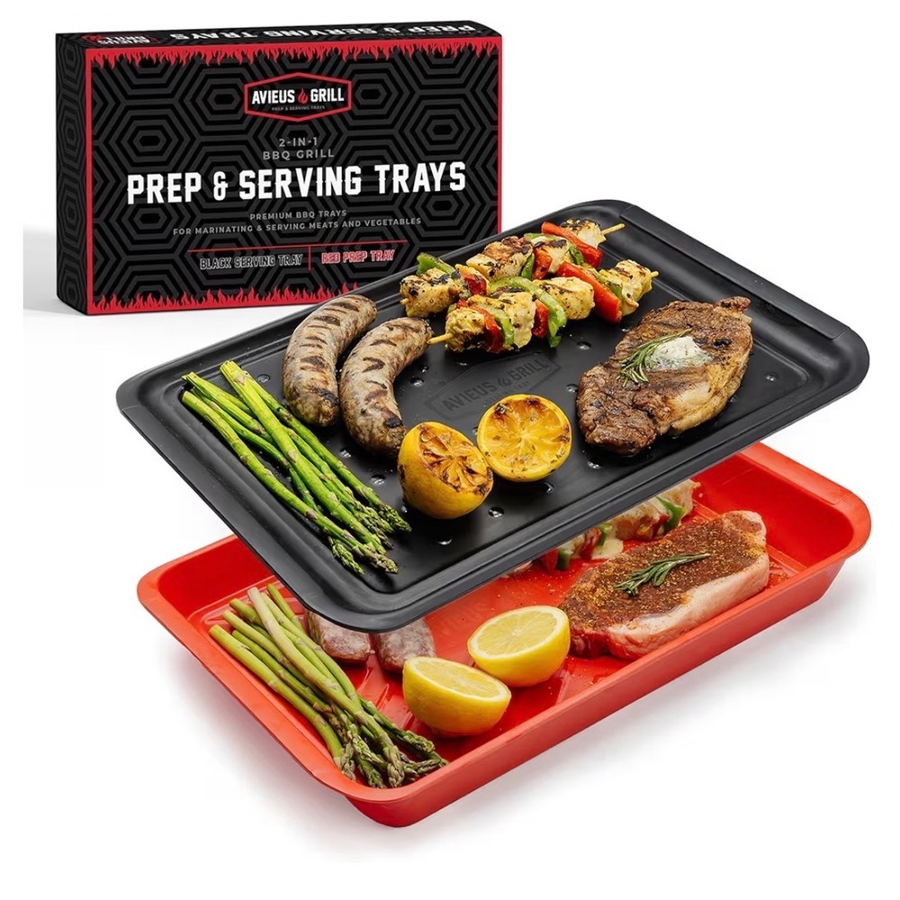 Avieus Grill 2-in-1 BBQ Prep and Serving Trays Red and Black Set for Marinating